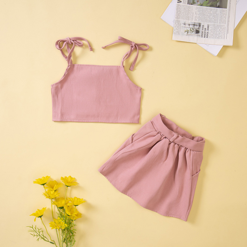 Conyson Fashion Kids Girls Clothes Sets 2pcs Plain Shoulder Straps Crop Camisole A-Line Skirts With Waist Belt Children Clothing