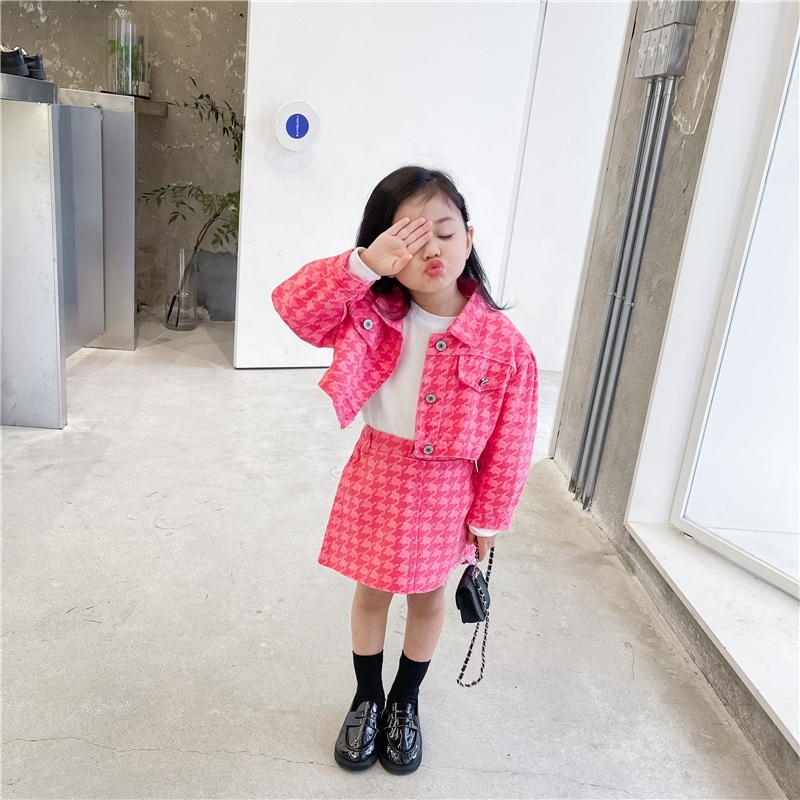 Conyson high quality Latest korea Style Short Skirt Set Fashion Toddler Girl Pink Printed Kids Cardigan 2-pieces clothing Set