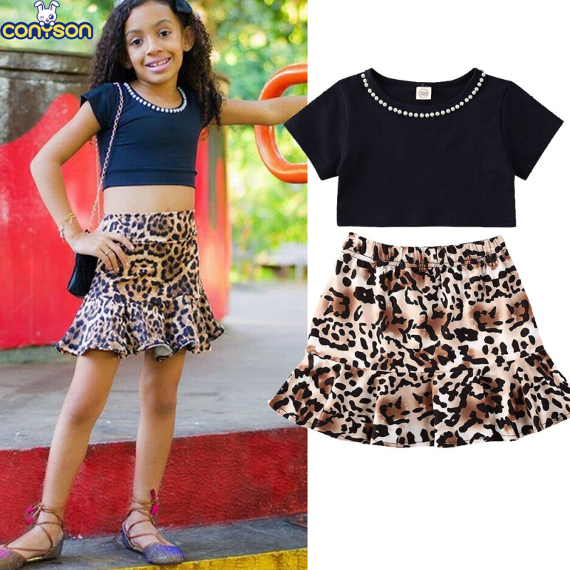 Conyson Wholesale Summer Fashion Short Sleeves Vest with Pearls+Vintage Leopard Printed Skirt 2Pcs Kids Baby Girls Clothing Sets