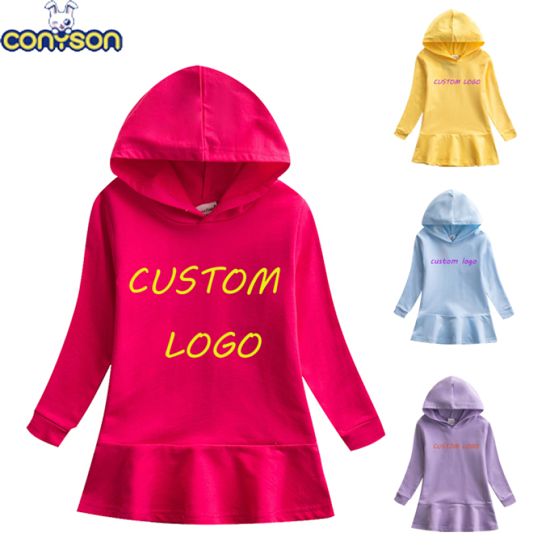 Conyson custom logo fashion hoodie Summer cotton baby Kids lotus leaf skirt clothes wear child long sleeve clothing girl Dresses
