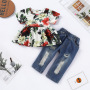 Hot sale 2021 Summer Popular  Fashion baby Girls Print ruffle Tops  ripped jeans denim Trousers Clothing sets