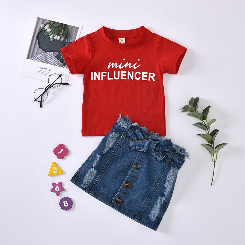 Summer Alphabetic T-shirt Jean Skirt Girls Clothing Sets Short Sleeve Worsted Children Girl Clothes Set Letter Pattern