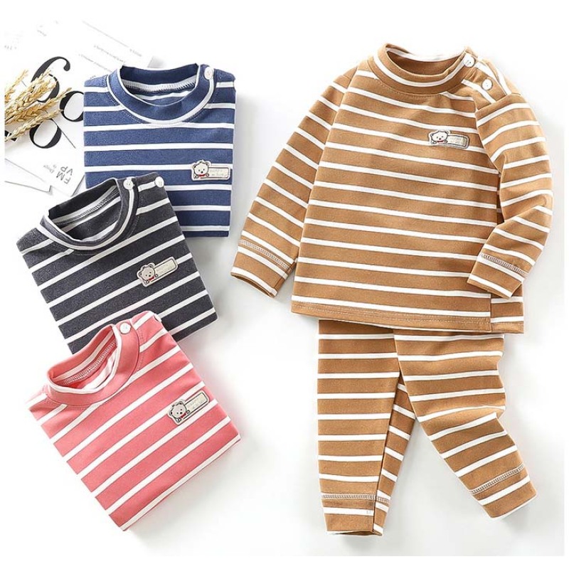 Autumn Winter Newborn Baby Casual Thermal Underwear Stripe Long Sleeves Top Trousers Two Pieces Suits Unisex Pajamas Set