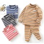 Autumn Winter Newborn Baby Casual Thermal Underwear Stripe Long Sleeves Top Trousers Two Pieces Suits Unisex Pajamas Set