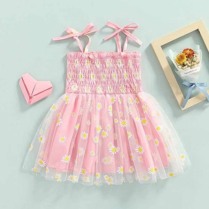 New Boutique Girls Baby Sweet Dress Floral Ruffled Sleeveless Sling Smocking Tulle Princess Dress Sunflower Printed Skirts