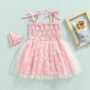 New Boutique Girls Baby Sweet Dress Floral Ruffled Sleeveless Sling Smocking Tulle Princess Dress Sunflower Printed Skirts