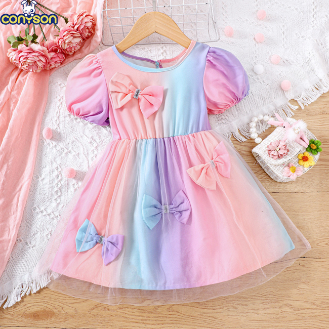 Conyson 2023 Summer Costume Casual Ruffle Bubble Sleeves Bow Flower Vintage Fairy Silk Tulle Kids Birthday Pageant Girl Dress