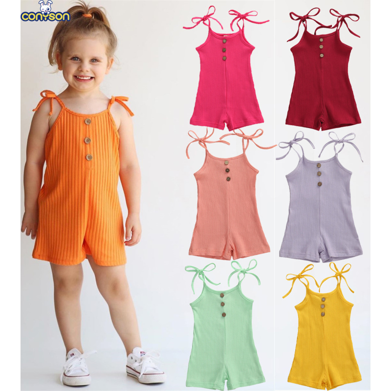 Conyson New Designer Kids Clothes Baby Girls Summer Jumpsuit Children Solid Straps Halter Short Knitted Toddler Girls Rompers