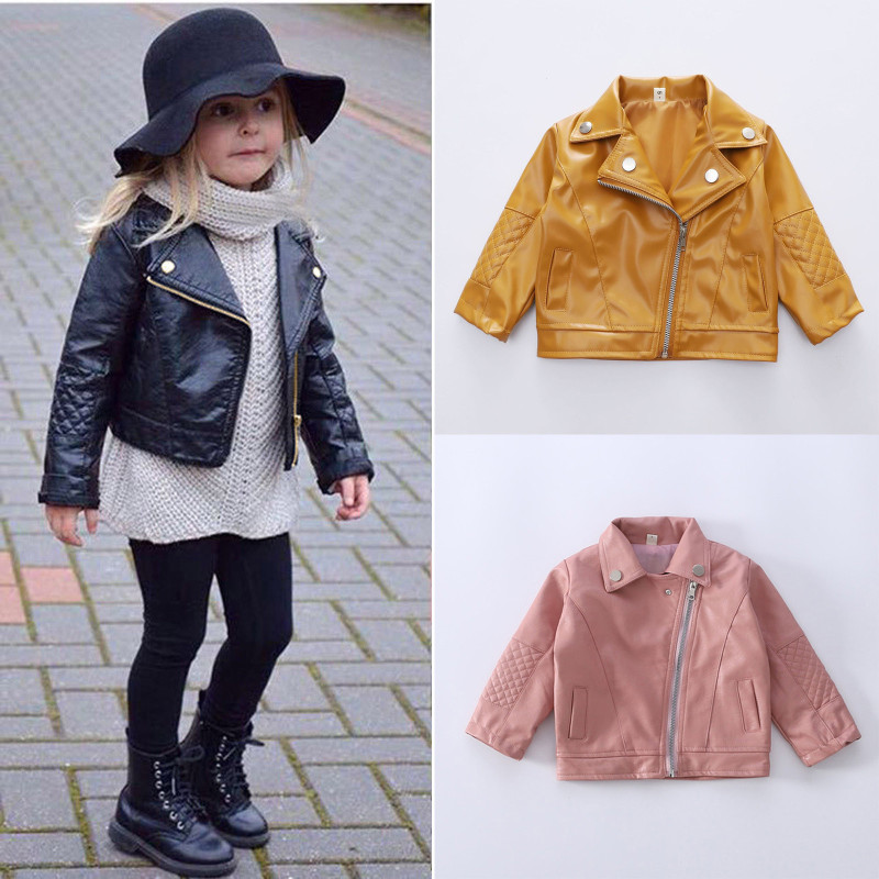 Conyson Hot Sale korea fashion boutique fall kids girls designers kid solid clothes PU leather winter clothing wholesale jacket