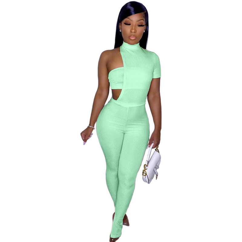 Custom Summer Solid Color Women Bodysuit Strapless Split Pants Two Piece Sets Irregular Casual Style Jumpsuit