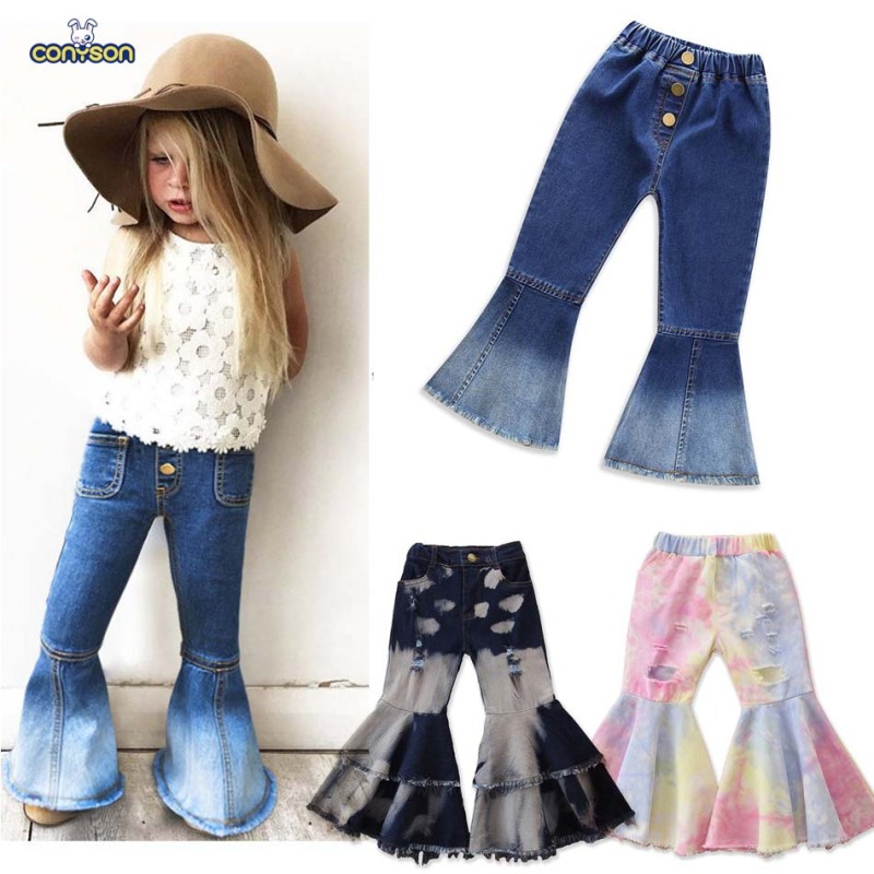 Conyson Design Ripped Jeans Toddler Girl Bell Bottoms Holes Print Girl Jeans Bell Bottom Pants Girls Elastic Waist Trousers