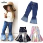 Conyson Design Ripped Jeans Toddler Girl Bell Bottoms Holes Print Girl Jeans Bell Bottom Pants Girls Elastic Waist Trousers