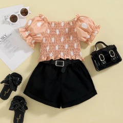 Conyson New Style Low MOQ Dot Puff Sleeve Summer Set Outfits Baby Girl Shorts With Belt Girls Fashion Three Piece Short Sets
