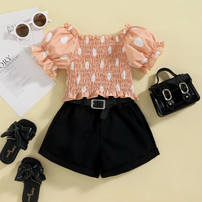 Conyson New Style Low MOQ Dot Puff Sleeve Summer Set Outfits Baby Girl Shorts With Belt Girls Fashion Three Piece Short Sets