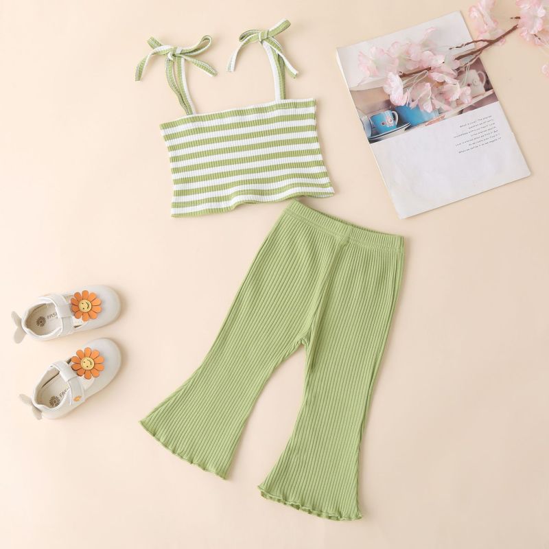 Conyson Wholesale Set summer kids Girl stripe sleeveless rib Tops With pure color clothing set long bell-bottoms children's suit