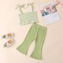 Conyson Wholesale Set summer kids Girl stripe sleeveless rib Tops With pure color clothing set long bell-bottoms children's suit