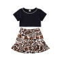 Conyson Wholesale Summer Fashion Short Sleeves Vest with Pearls+Vintage Leopard Printed Skirt 2Pcs Kids Baby Girls Clothing Sets