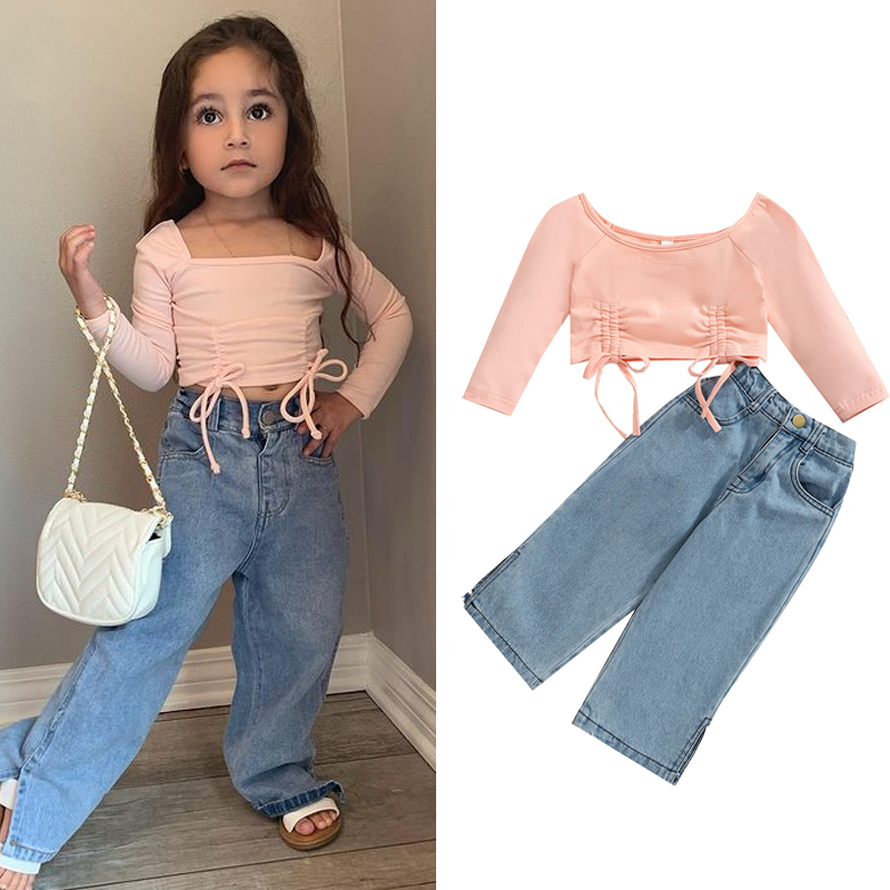 Conyosn Hot New Spring Summer Kids Girls Clothes Sets Solid Off Shoulder Long Sleeve T-Shirts Tops Denim Pants Two-pieces Sets