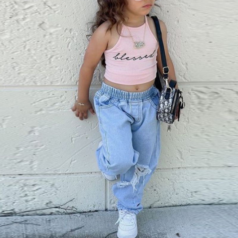 Conyson Custom Baby girl Clothing Girl Outfits Halter Short Sleeve Off Shoulder T-shirt Tops+Hole Pant Leggings 2PCS Outfit set