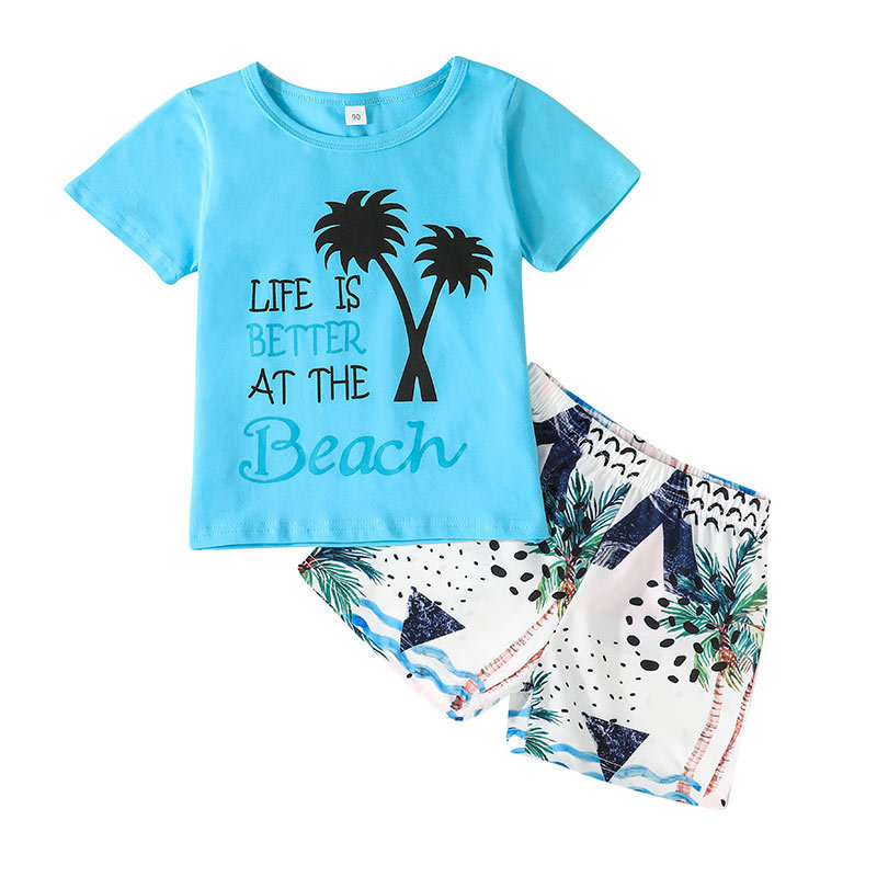 Conyson low price fashion summer toddler print sunshine cotton clothes infant kid short suit two pieces boy t-shirt clothing Set