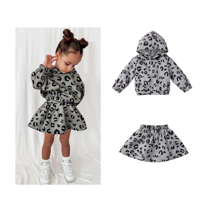 Conyson Wholesale Hot Sale Autumn Boutique Hoodie Leopard Top Skirt Outfits Casual Girls Clothing Set