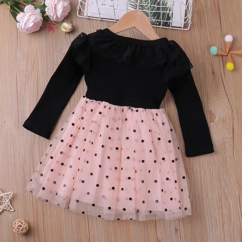 Conyson Stock Lots Spring Autumn Casual Style O-neck Long Sleeve 95% Cotton Soft DOT Lace Binding Baby Clothes Girl Dresses