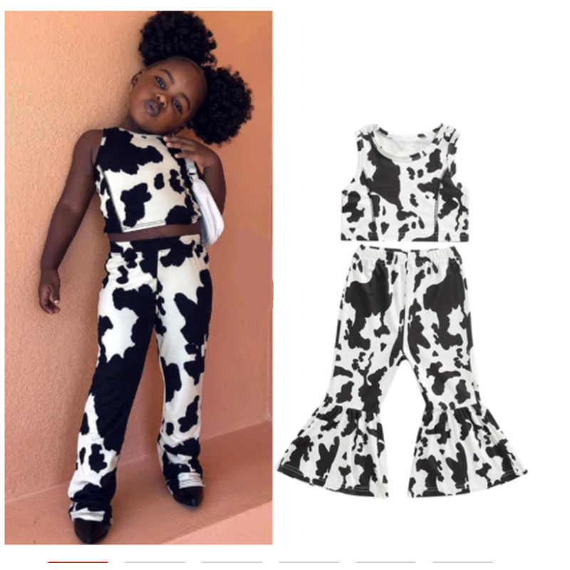 Conyson Kids Girl Clothes Set Vest Tops+ Leopard Print Sleeveless Bell-bottomed Flared Pants Outfits Kids Clothes Girl Outfits