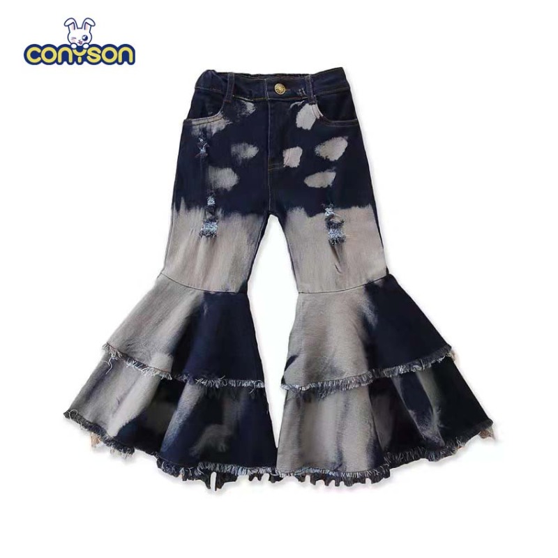 Conyson Design Ripped Jeans Toddler Girl Bell Bottoms Holes Print Girl Jeans Bell Bottom Pants Girls Elastic Waist Trousers