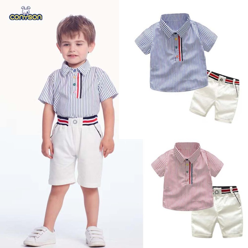 Children's gentleman summer clothes striped short sleeve tops + white shorts 2 pcs clothing sets for kids baby boys party suits