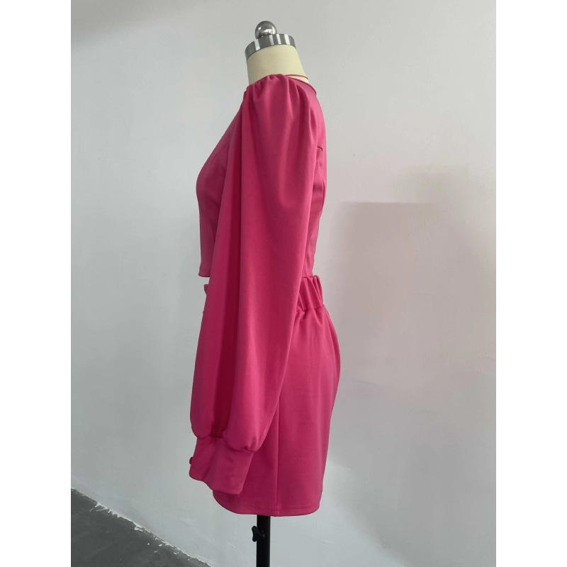 Conyson New Arrivals Spring Autumn Plain Crop Top Hollow Out Comfy leisure Wear Women's Polyester Set 2-piece Button Short Set