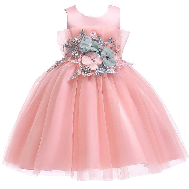 Conyson high quality rts boutique summer sleeveless Baby girl embroidery floral Birthday ball gown Kid Girl Princess Party Dress