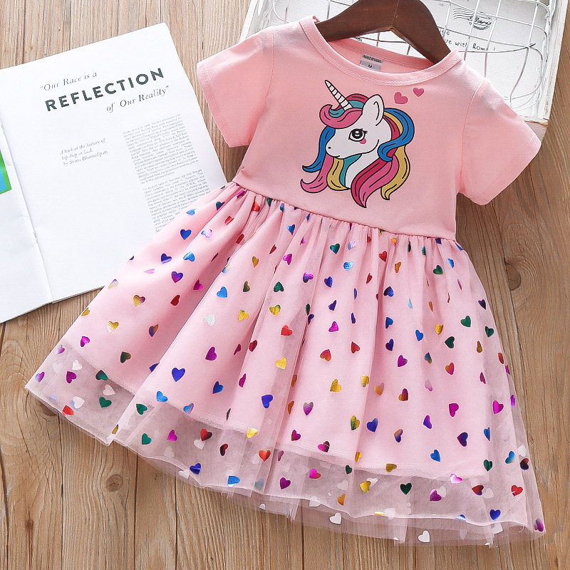 Conyson New Summer Girls Dress Cotton Cartoon Unicorn Splicing Mesh Party Princess Dresses For 2-6 Years Girls Birthday Clothes