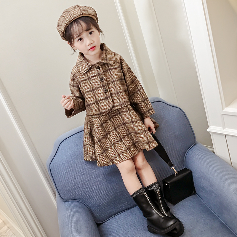 New Hot-selling Kid Plaid Set Autumn winter girls Dress And Cardigan Set 3pcs girls clothing sets