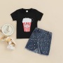 Conyson New Arrival Summer Tulle Puff Bubble Short Sleeve Black O-neck Blouse Plaid Mini Zipper Skirt Set Toddler Girls Outfits