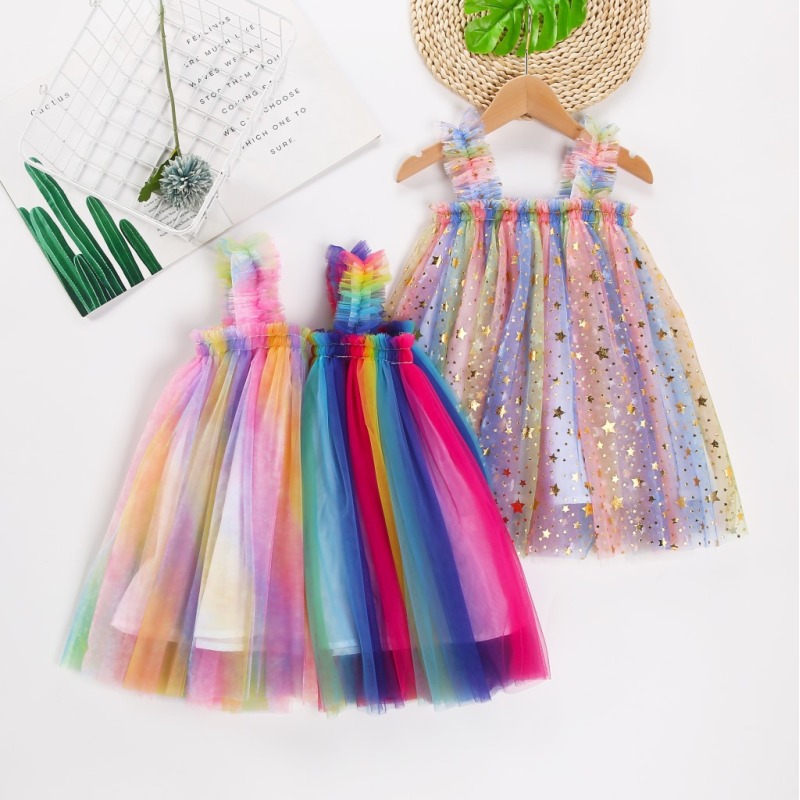 2021 Ins summer new girls sleeveless suspender net gauze clothes children net gauze princess rainbow tutu skirt baby dress