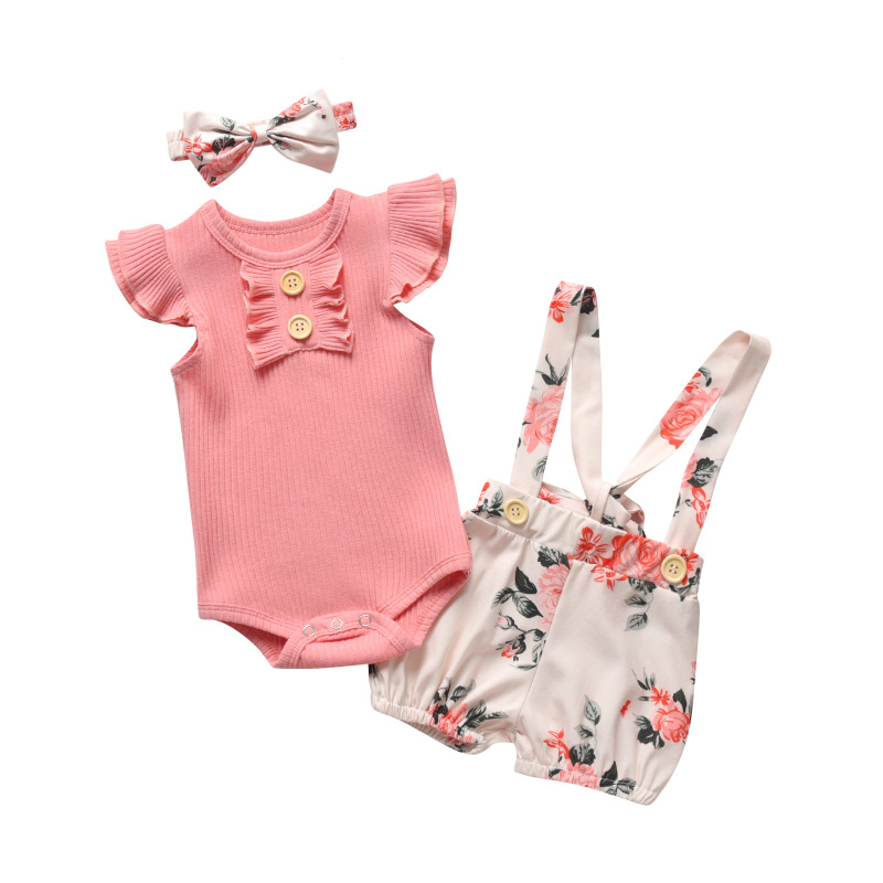 Conyson Hot Baby Girl Summer Clothes Set Fashion Newborn Infant Knitting Cotton Ruffles Romper Shorts Bow Headband 3Pcs For Kids