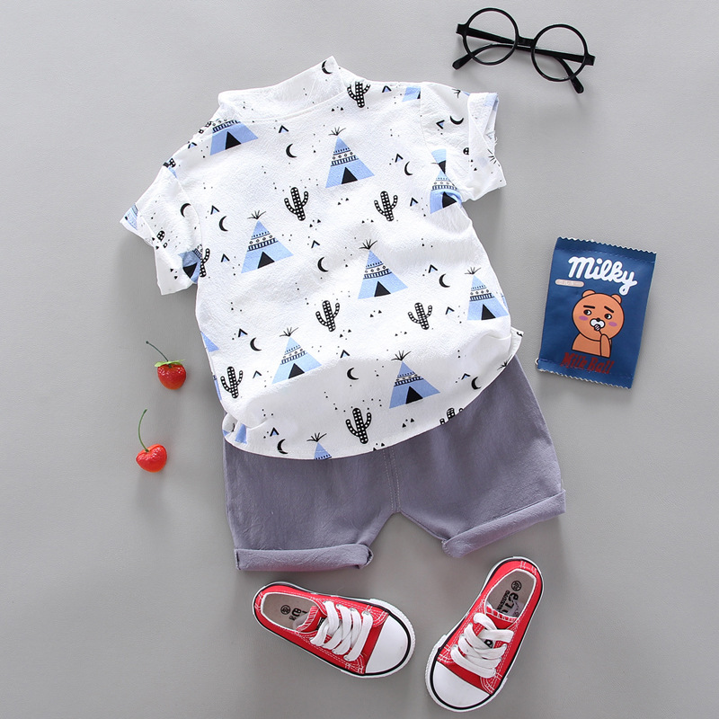 wholesale 2021 Popular Summer cotton cartoon children clothes short Sleeve button tops pure color shorts baby Girls Boys sets