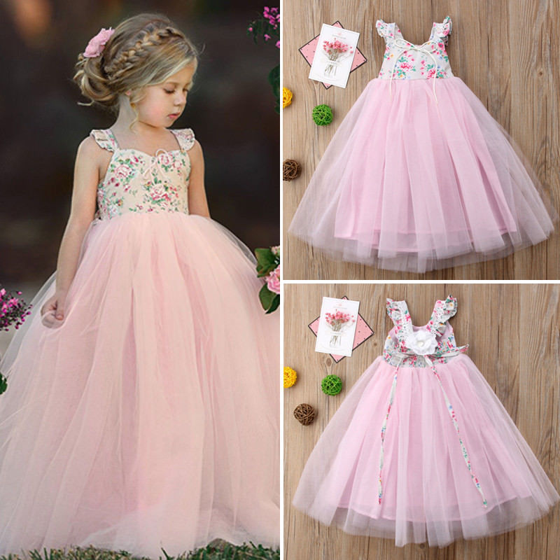 Conyson Wholesale Summer Ruffle Sleeve Mesh Weeding Party Dress Pink Flower Tulle Princess Dresses Girls Sweet Tutu Long Dress