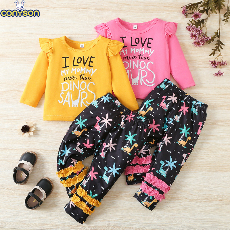 Conyson wholesale popular autumn leisure O-Neck long Sleeve Girls print cartoon Baby kids Clothing Cotton Kids clothes Sets