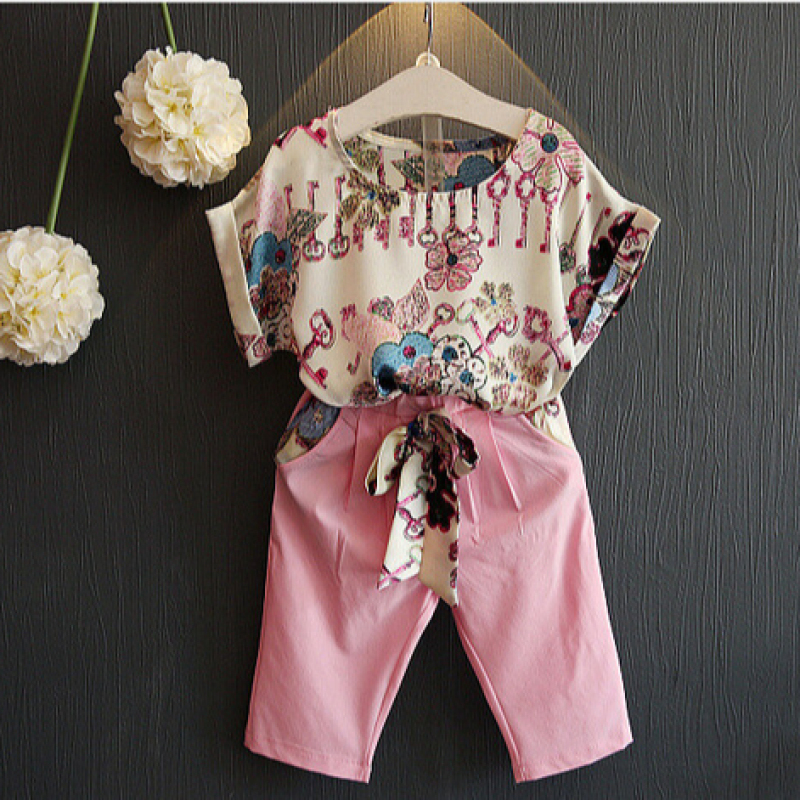 Flower Pattern New Design Boutique Toddler Kids Children Girls Clothes Summer Short Sleeve Suit Sets