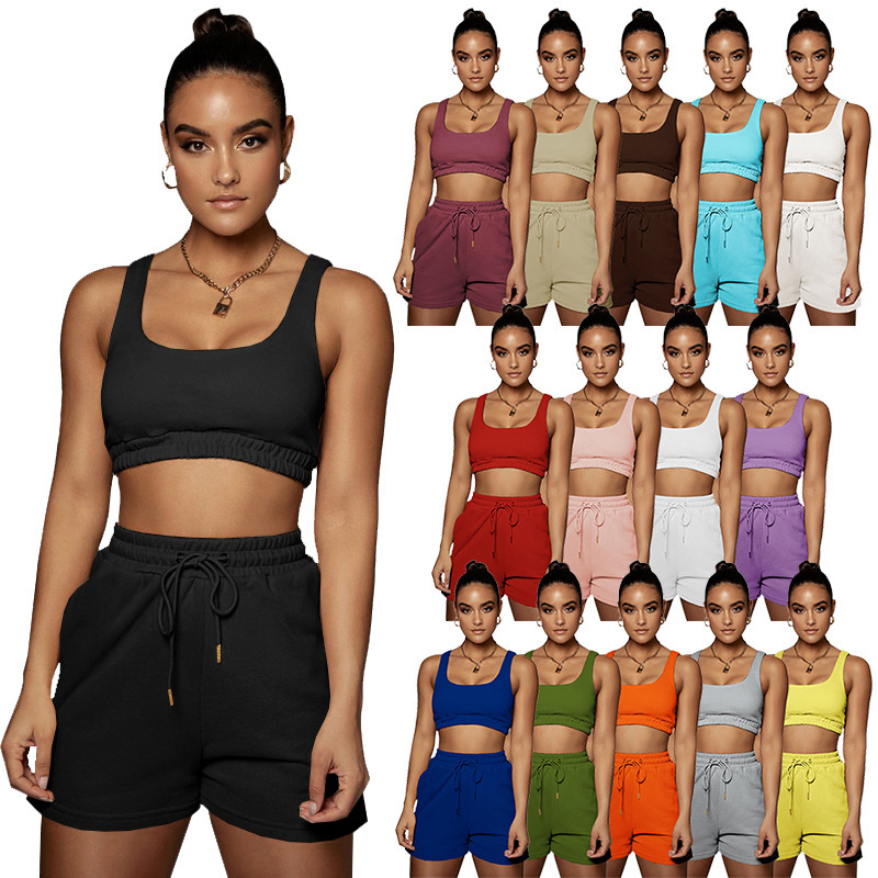 Conyson Hot Solid Color Double Layer Vest Suit Popular Sports Sleeveless Stitching Ladies Vest Sports Suit Two Piece Pants Set