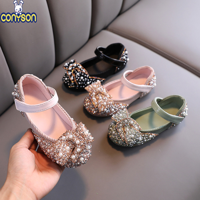 Conyson Fashion Summer Performance Soft Girl Cheap New Design Shoes Pearl Rhinestones Shining Bow Kids Princess Girls Shoes