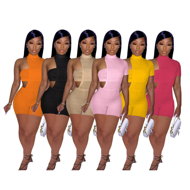 Custom Summer Solid Color Women Bodysuit Strapless Split Pants Two Piece Sets Irregular Casual Style Jumpsuit