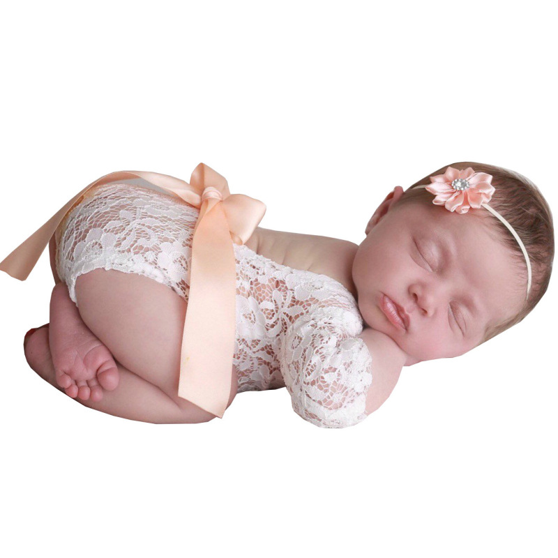 2pcs/Set Newborn Lace Romper Baby Girl Outfit Photography Prop Vintage Newborn Ribbon Bow baby rompers