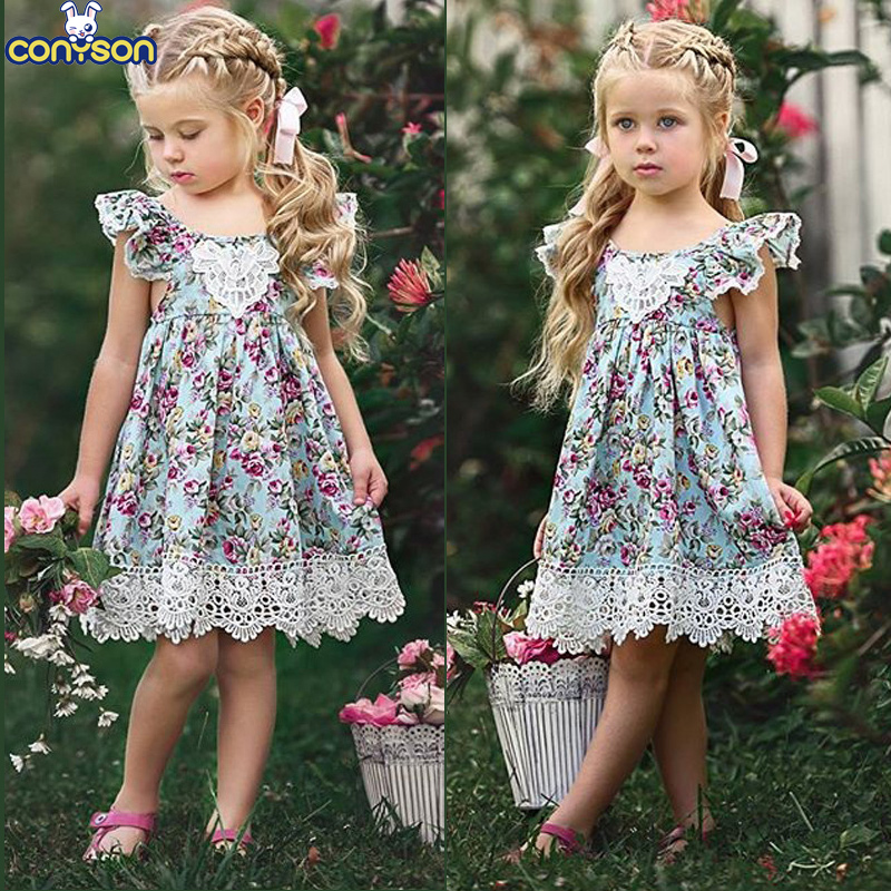 Conyson Hot Sale Ruffle Vintage Floral Print Summer Kids Clothes Baby Girls Party Casual Beach Holiday Outfit Fly-sleeve Dress