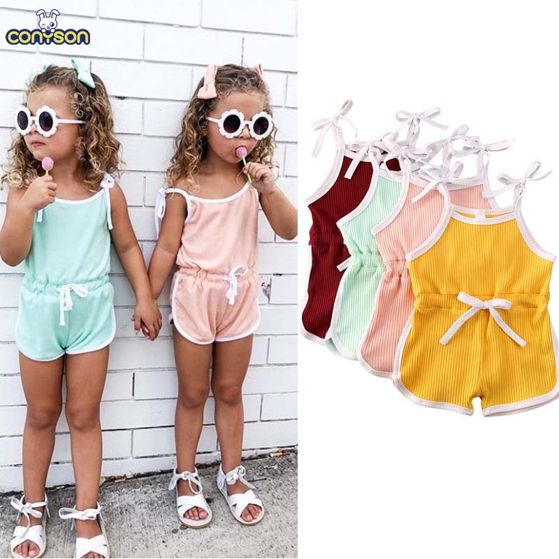 Conyson Summer Sling Shorts Girls' Fashion Sports Beach Pants Clothing Jumpsuit Solid Bowknot Tank Top Knit Kids Girl Sweatshirt