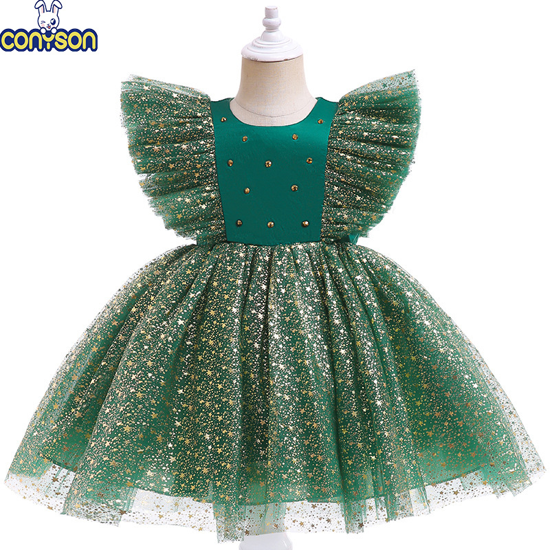 Conyson Chirsmas Hot Sale Tulle Skirt Big Glitter Flying Sleeves Bubble Skirt Baby Girls With Bow Embellish Shining Tutu Dress