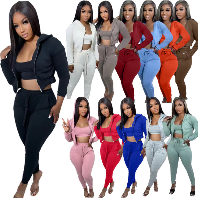High Quality Workout Long Sleeve Yoga Custom Sportswear Wear Active Wear Cozy 3 Pieces Street Breathable Jogger Zip Women Set