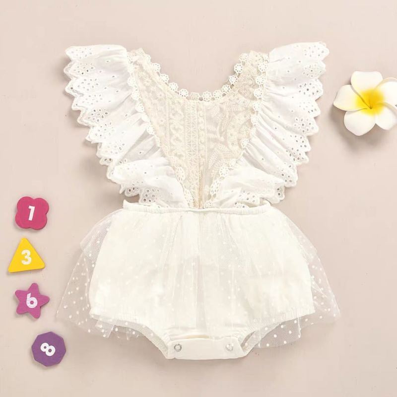 Custom Snap Button Sleeveless Lace Tulle Baby Girls Dresses Summer Romper Baby Newborn