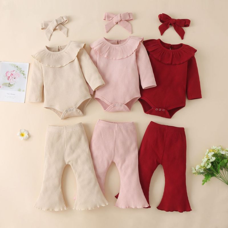 New Fashion Flared Pants Three-piece Baby clothes Girls Jumpsuit Casual Wear Solid Color Top Baby Headband Baby Romper Set
